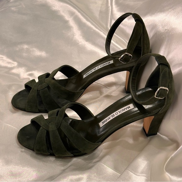 Manolo Blahnik Green Suede Heels Sandals Size 9 Elegant Chic Classic Fall Winter - Picture 2 of 15